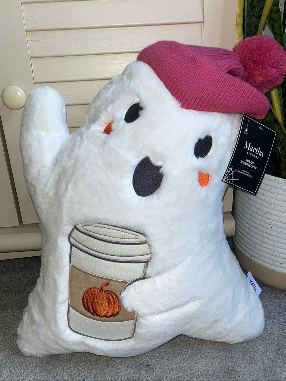 NWT Martha Stewart Ghost w/Pink Beanie Holding Pumpkin Spice Latte